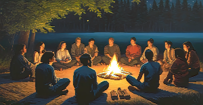 A diverse group of people gathered around a campfire at twilight, sharing a ceremonial moment in a lush outdoor setting.