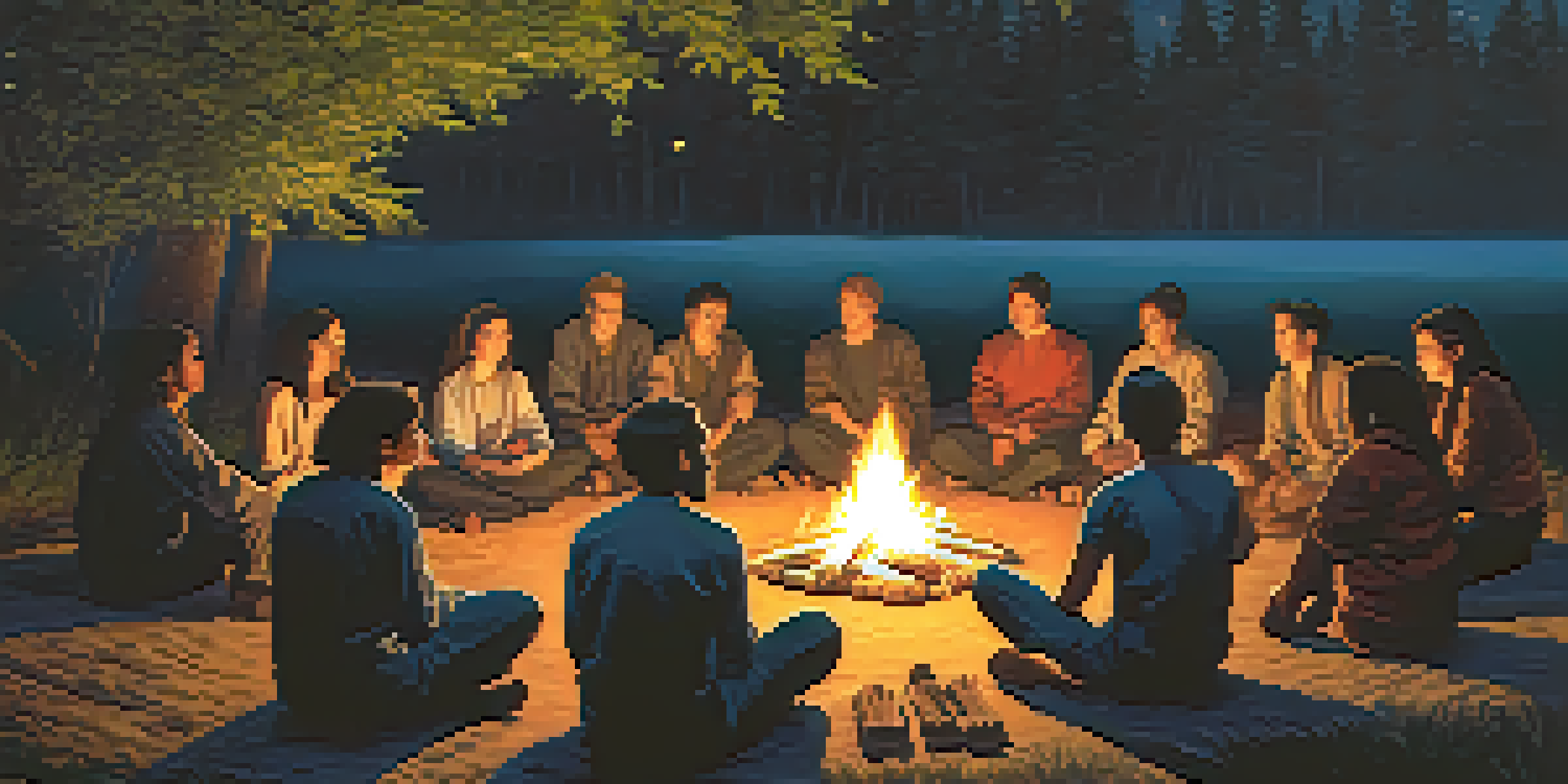 A diverse group of people gathered around a campfire at twilight, sharing a ceremonial moment in a lush outdoor setting.