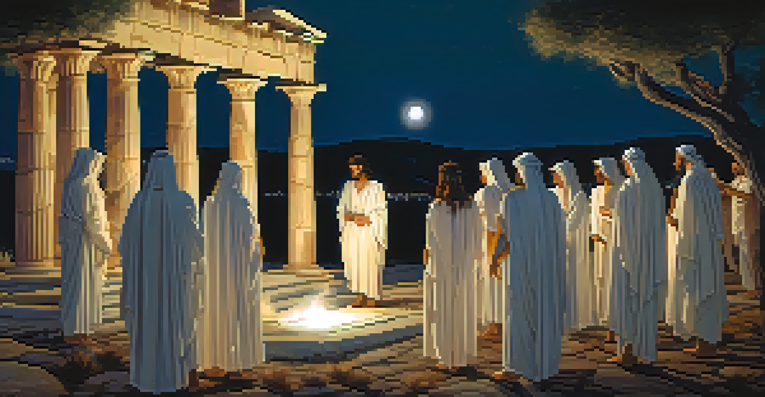 Participants in flowing white robes engaging in a mystical ritual during the Eleusinian Mysteries in ancient Greece, surrounded by olive trees and ancient stone structures under moonlight.