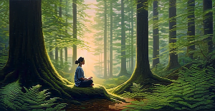 A person meditating in a tranquil forest at dusk, surrounded by trees and ferns, with soft golden light filtering through the leaves.