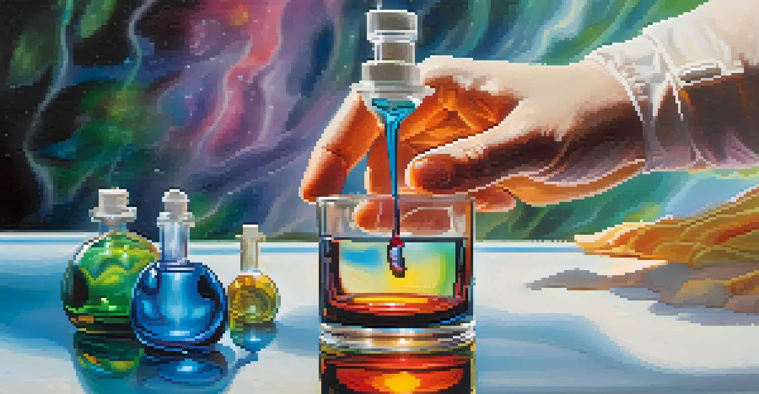 Close-up of hands holding a glass vial with colorful liquid against a blurred natural background, symbolizing exploration of consciousness.