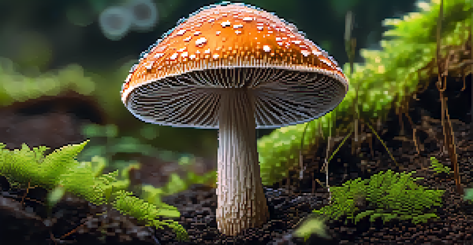 A close-up of a psilocybin mushroom with droplets of dew on its cap, surrounded by green moss and ferns in a rich soil environment.