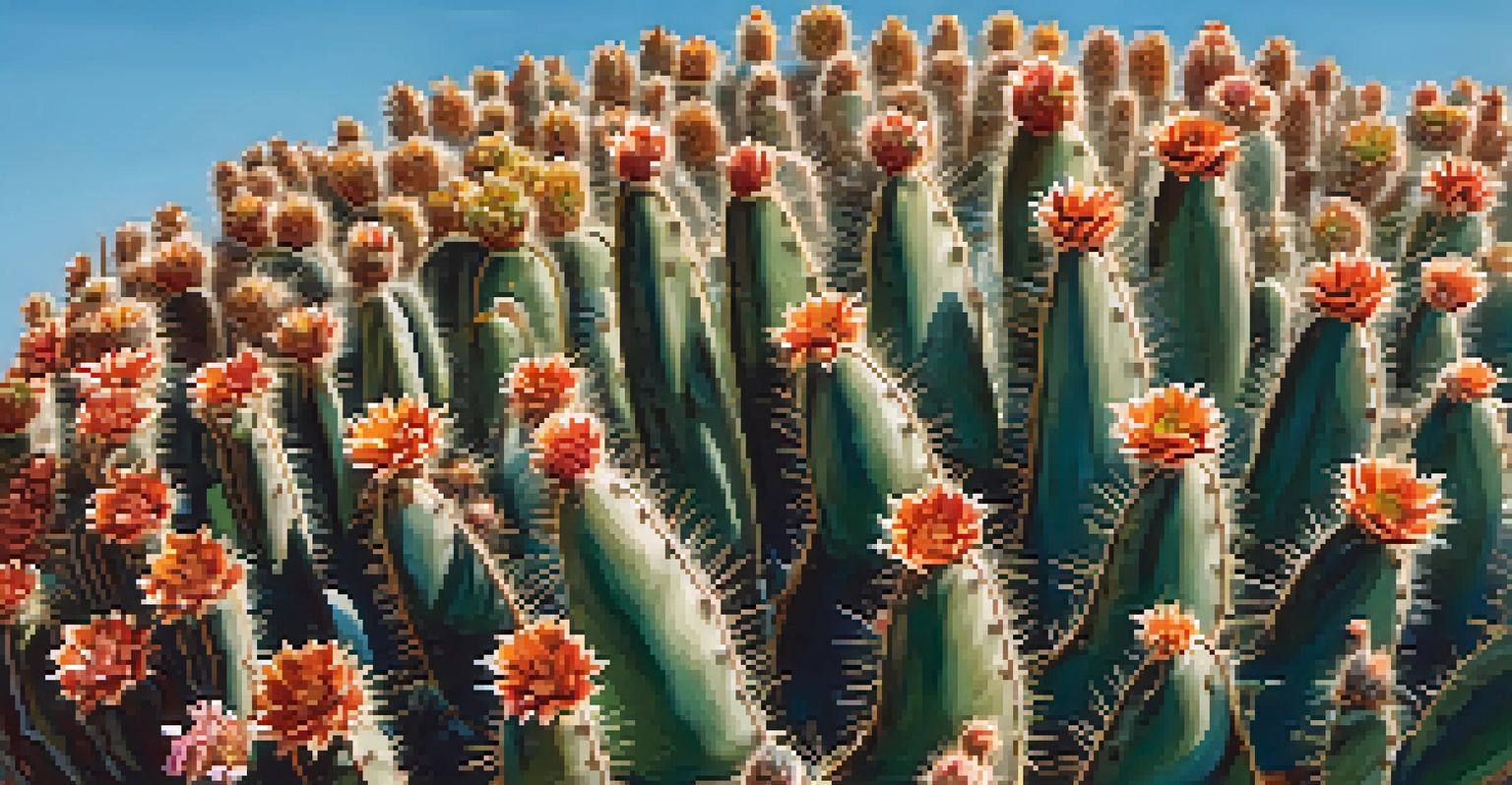 Close-up of peyote cacti in a natural setting, highlighting their unique textures and flowers against a blue sky.