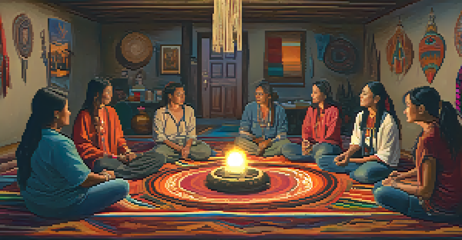 A cozy room with people sitting in a circle, participating in a peyote ritual, surrounded by colorful textiles and an altar with peyote cacti.