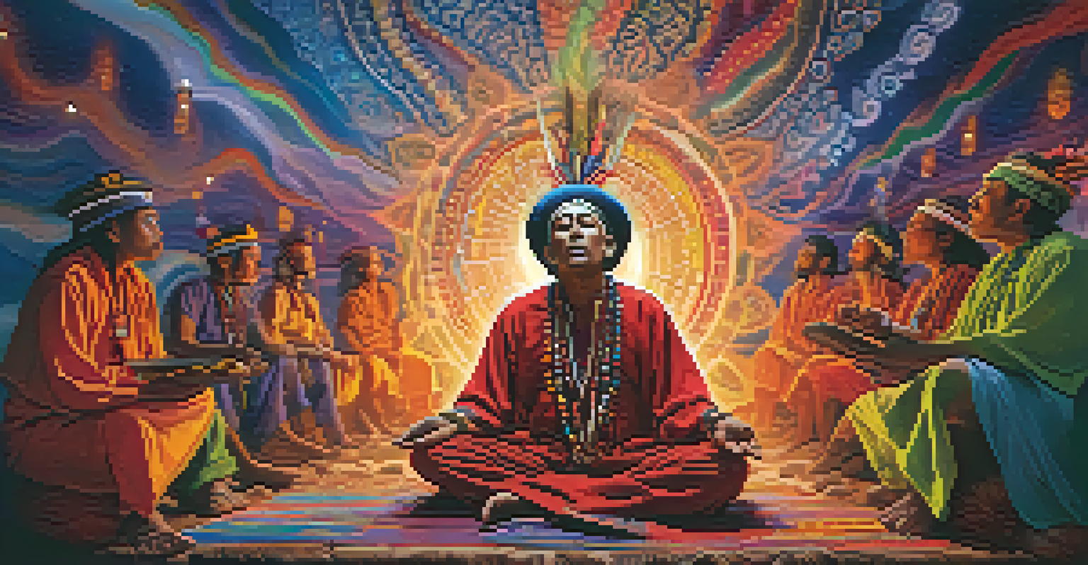 An artistic depiction of a shaman singing during an Ayahuasca ceremony, surrounded by colorful and ethereal patterns representing spiritual journeys.