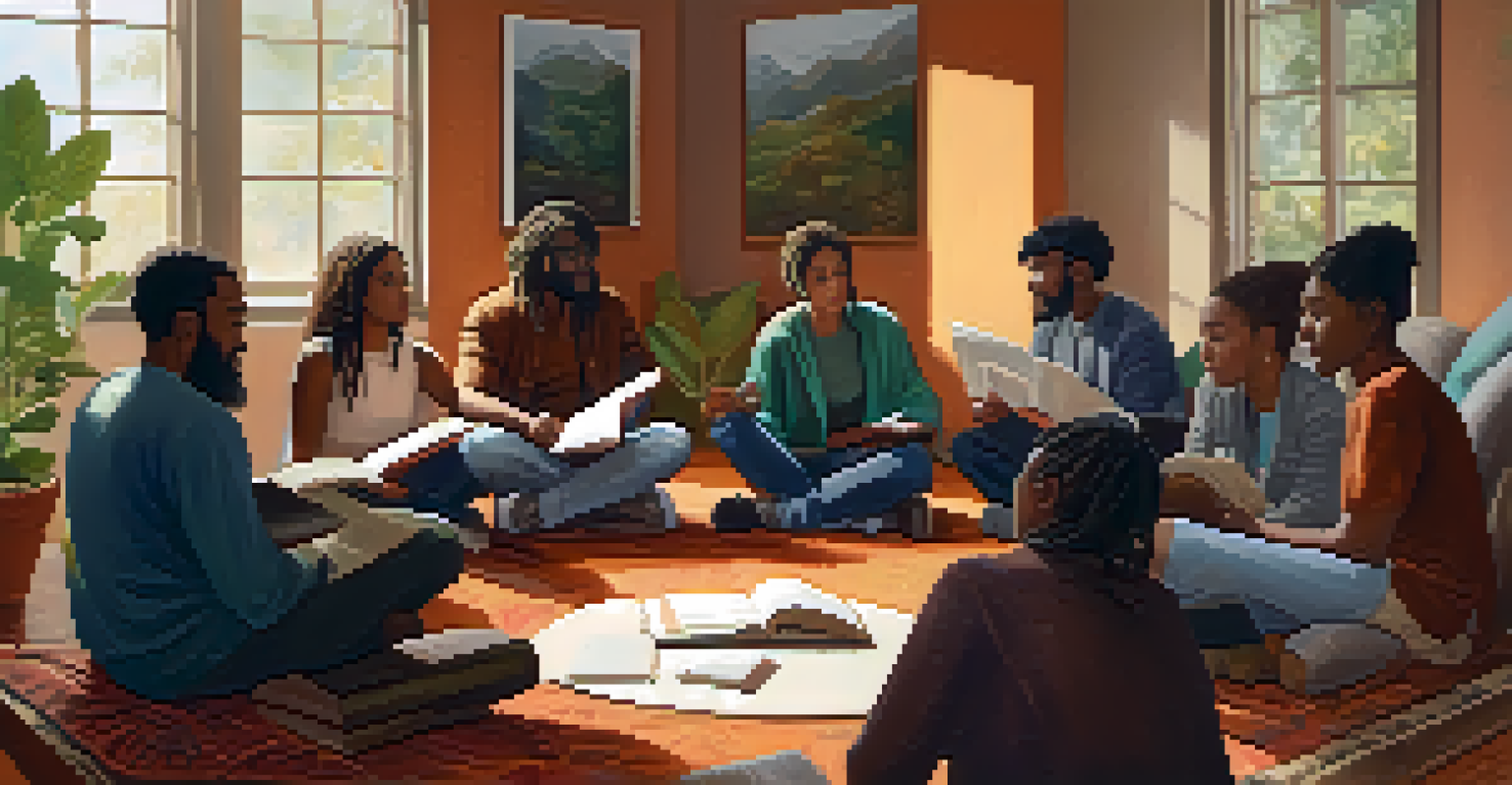 A diverse group of people in a cozy room discussing entheogens in a circle.