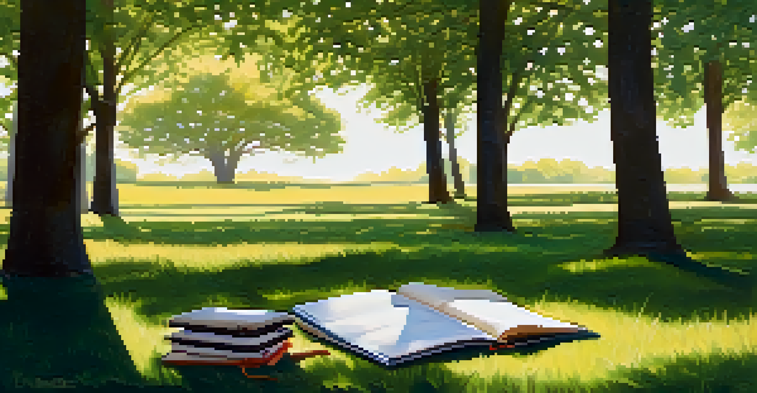 An outdoor retreat area with cushions arranged in a circle under trees, featuring an open sketchbook and art supplies in the center.