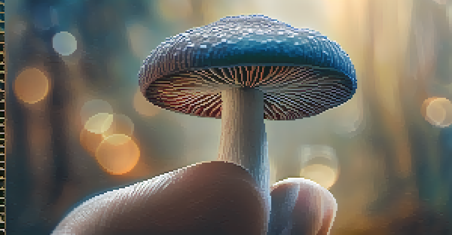 A close-up of a hand holding a psilocybin mushroom, showcasing its texture and colors against a blurred background.