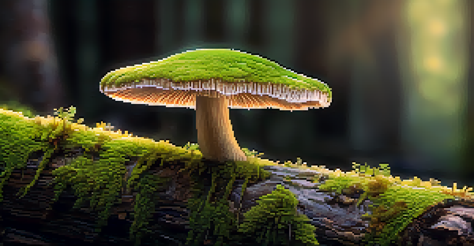 A close-up view of a mushroom on a mossy log, with soft sunlight illuminating the textures of the mushroom and moss, emphasizing the beauty of forest ecosystems.