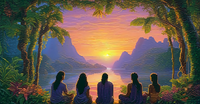 A tranquil scene in the Amazon rainforest during dusk, featuring vibrant greenery and a ceremonial gathering of people holding hands amidst glowing candles.