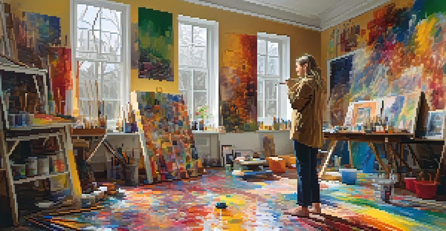 A woman painting in her colorful studio, surrounded by art and natural light.