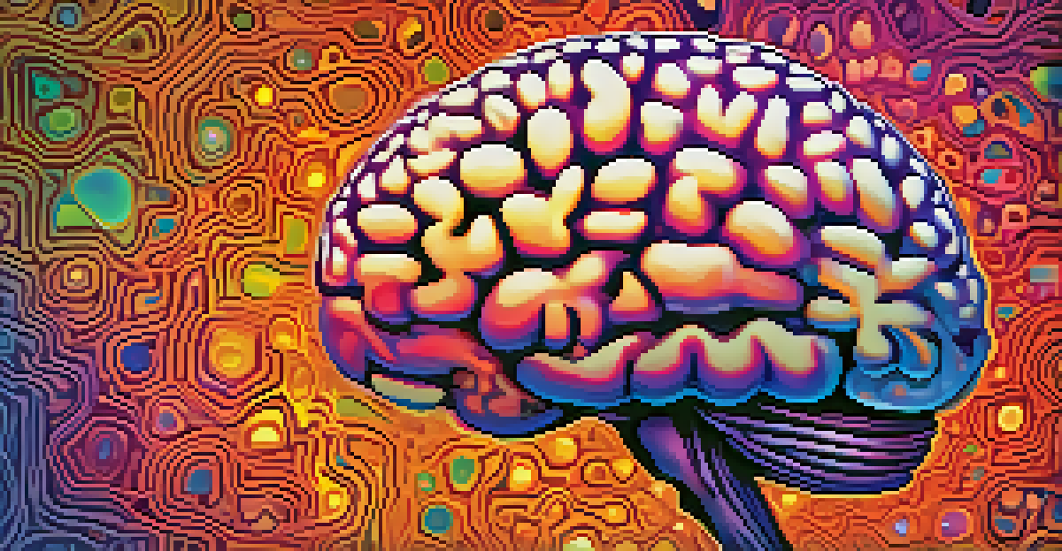 A colorful illustration of a human brain highlighting serotonin receptors, surrounded by abstract patterns representing emotions and connections.