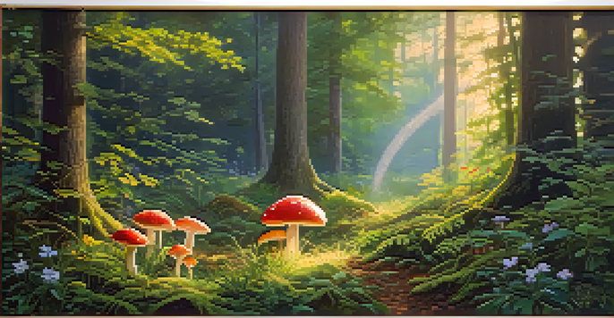 A peaceful forest at dawn with sunlight shining through the trees and colorful mushrooms in a clearing.