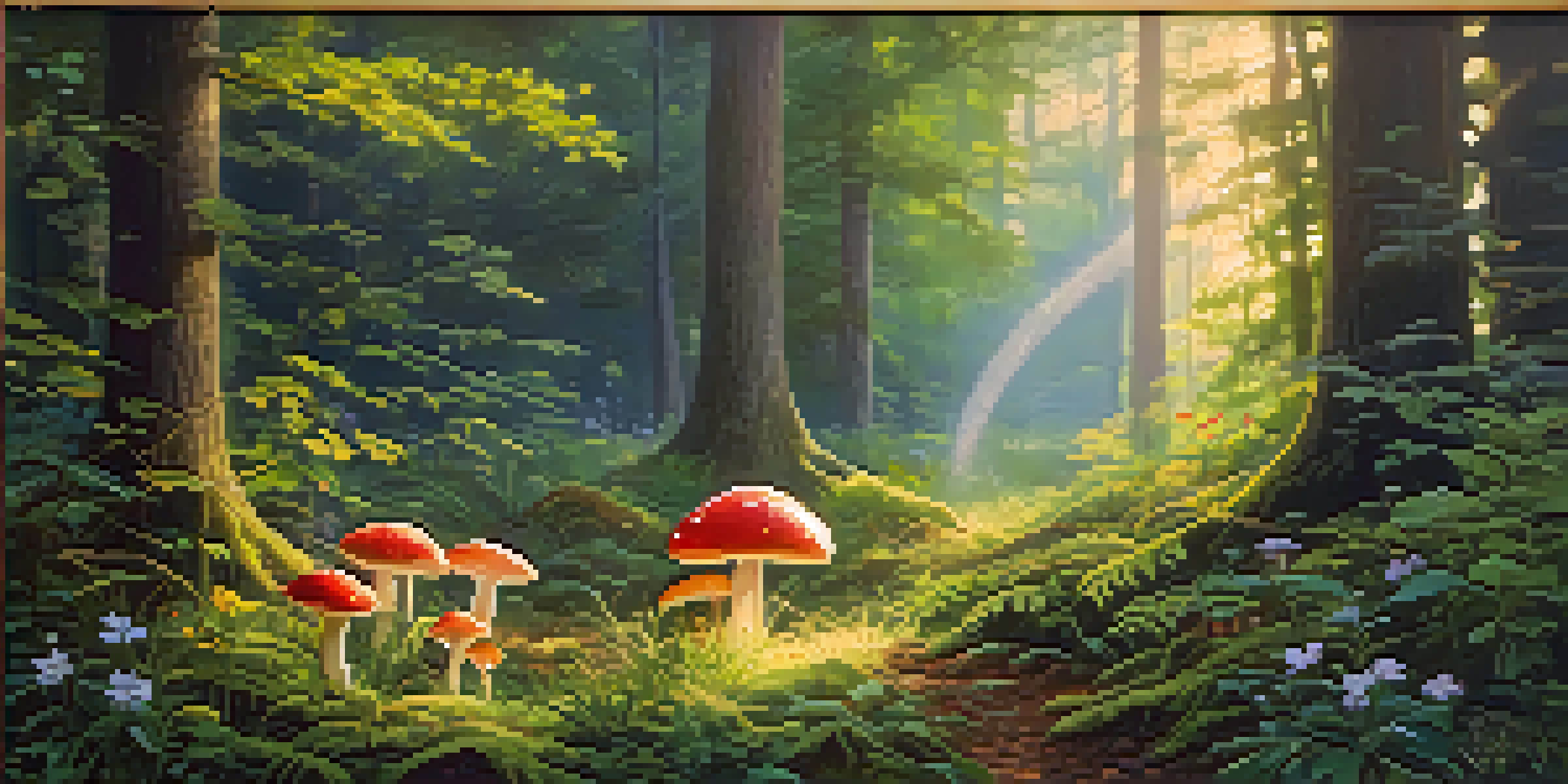 A peaceful forest at dawn with sunlight shining through the trees and colorful mushrooms in a clearing.