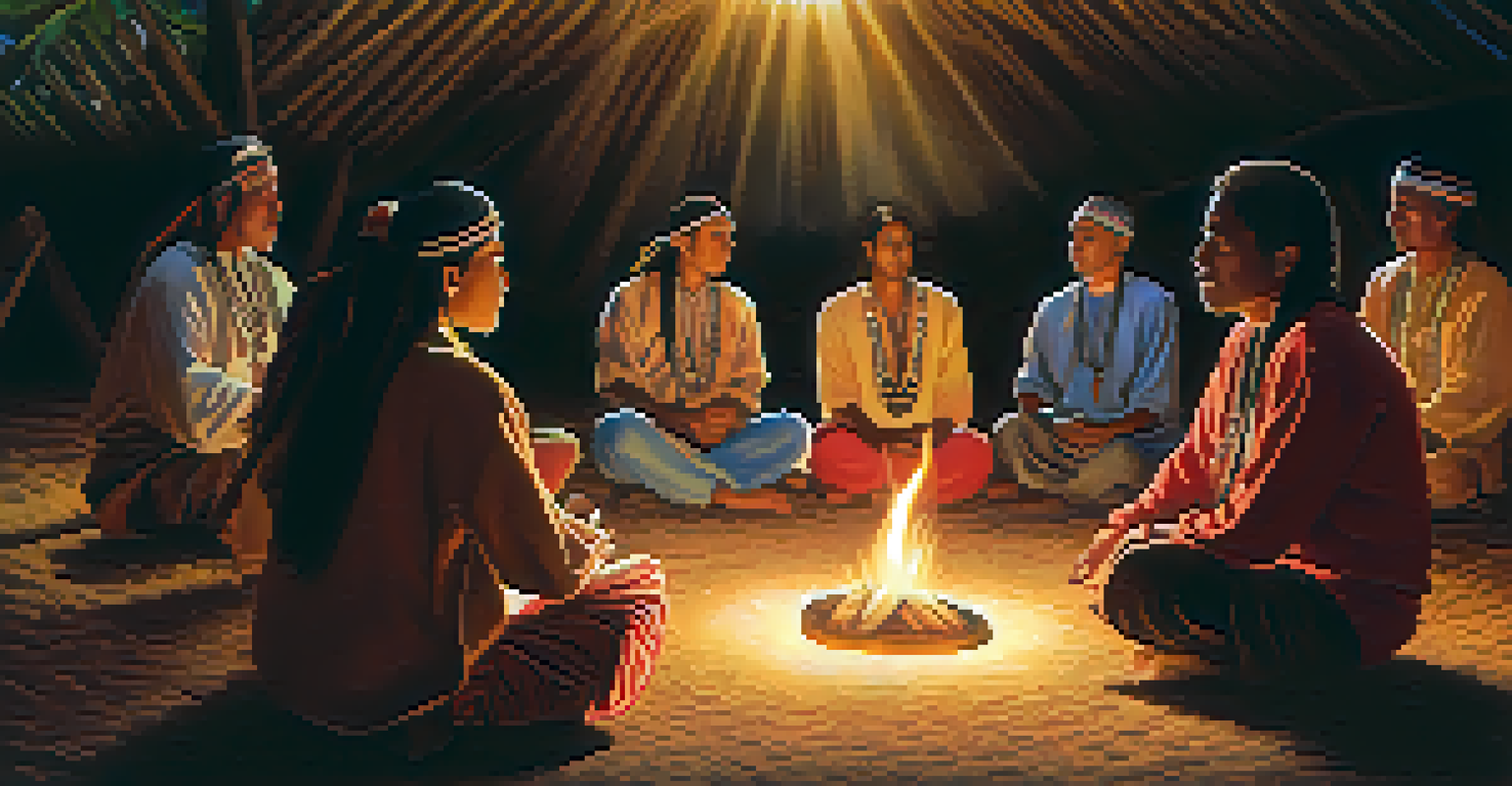 A group of Indigenous people in a circle participating in a peyote ceremony by a fire, showcasing traditional clothing and a sense of community.