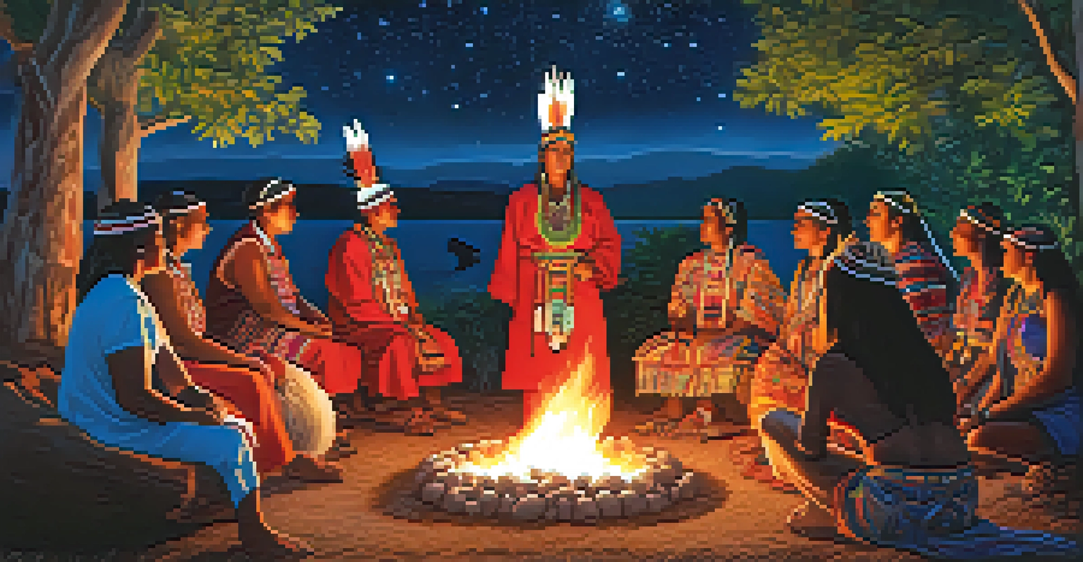A colorful indigenous ceremony around a ceremonial fire, with participants in traditional attire under a starry night sky.