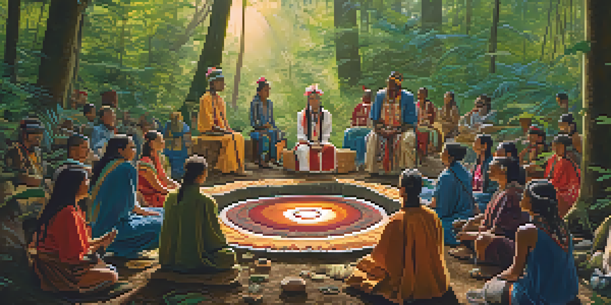A peaceful shamanic ceremony in a forest, featuring a shaman and participants in traditional attire, with sunlight filtering through the trees.