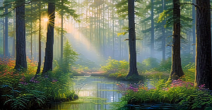 A peaceful forest at dawn with mist, tall trees, a reflective pond, and colorful wildflowers.