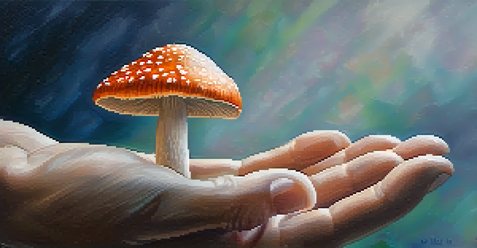 A close-up of a hand holding a psilocybin mushroom with soft blurred background.