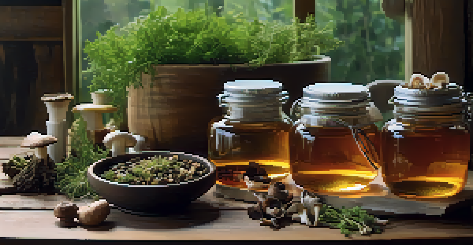 An aesthetically pleasing display of entheogen products like dried mushrooms, fresh herbs, and herbal tea on a wooden table.