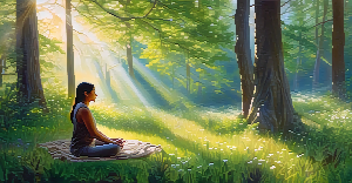 A peaceful forest clearing with a person meditating, surrounded by soft greenery and warm sunlight.