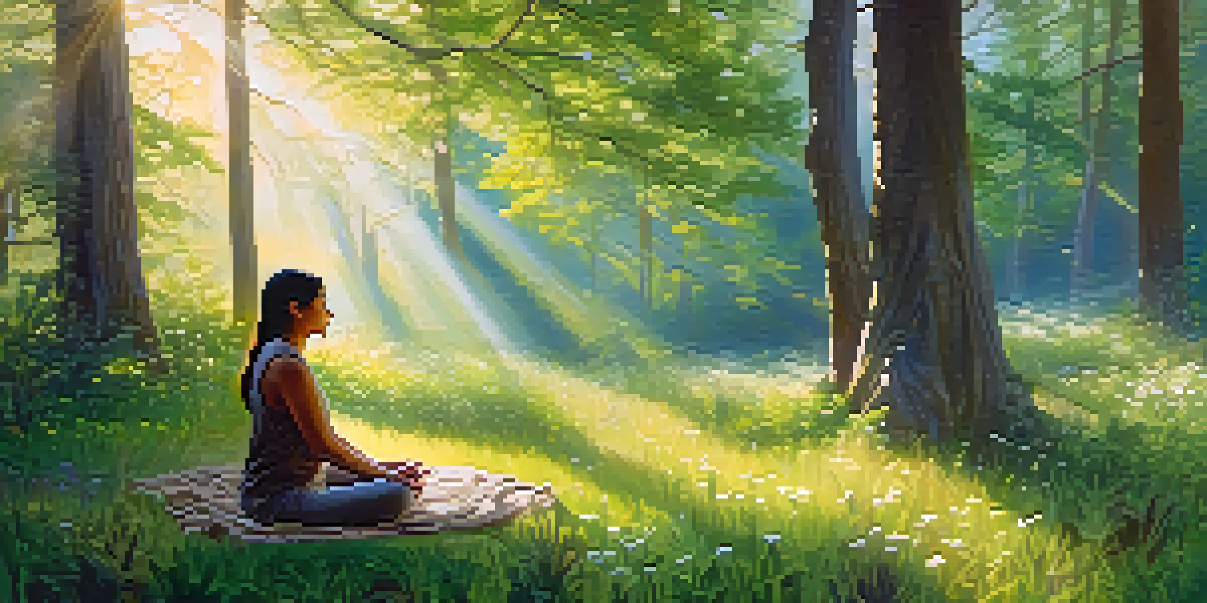 A peaceful forest clearing with a person meditating, surrounded by soft greenery and warm sunlight.