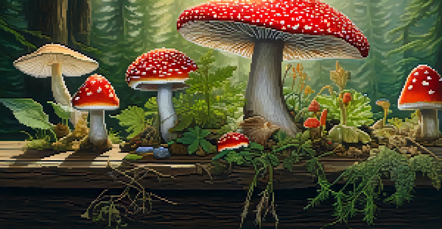 A close-up of entheogenic plants including fly agaric mushrooms and roots arranged on a wooden table, showcasing their vibrant colors and textures.