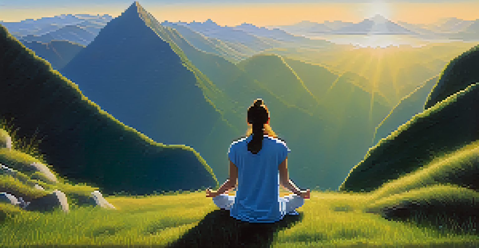 A person meditating in nature with mountains in the background, eyes closed, reflecting tranquility and harmony.