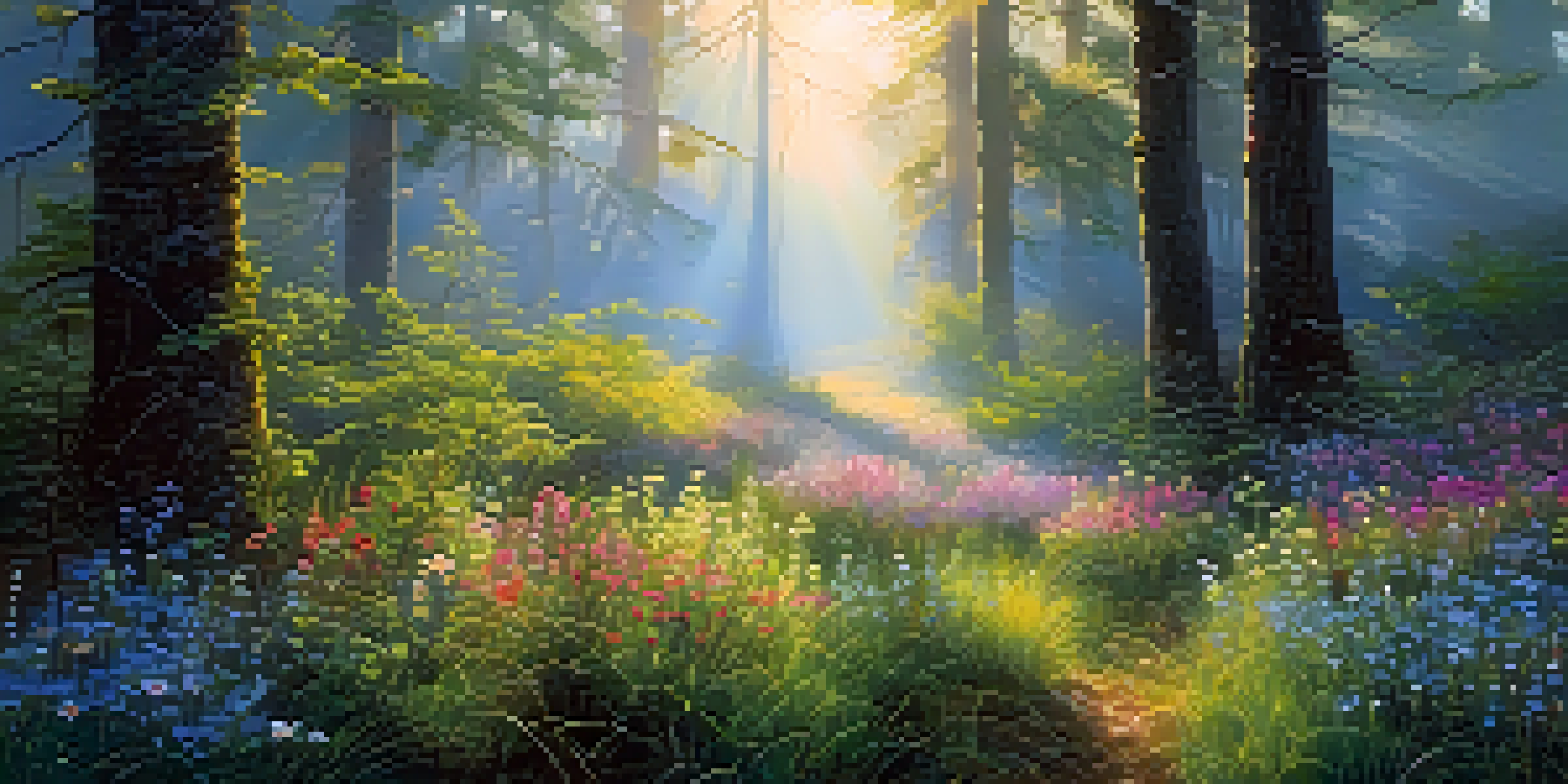 A peaceful forest at dawn with sunlight filtering through trees and colorful wildflowers in the foreground.