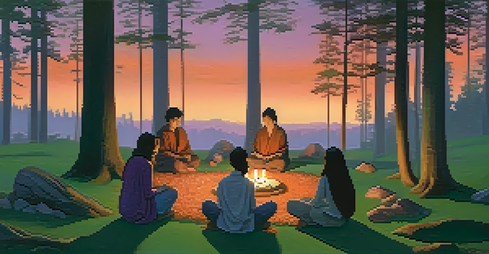 A group of people sitting in a circle in a forest at twilight, surrounded by candles and natural elements, creating a peaceful ritual atmosphere.
