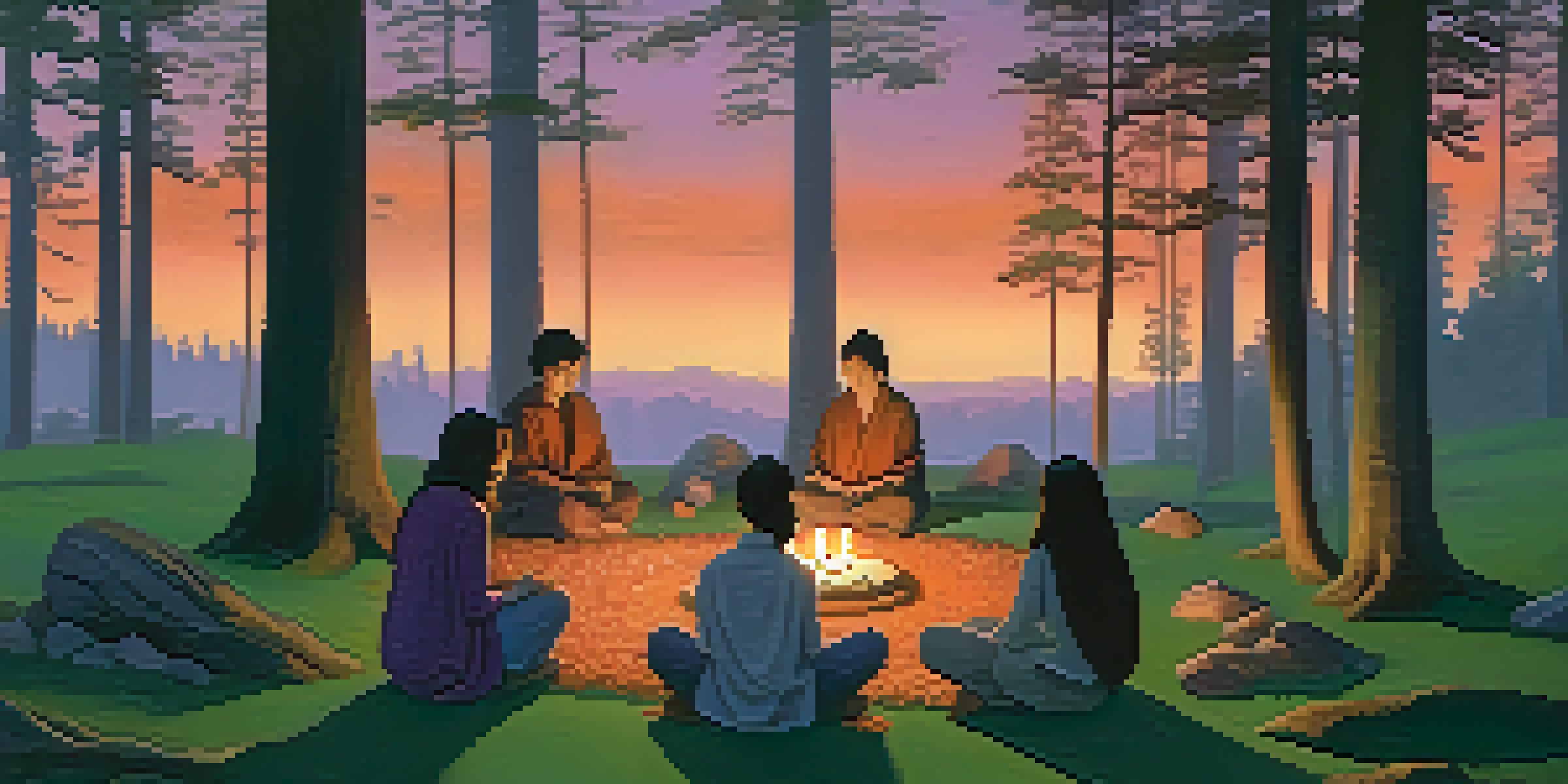 A group of people sitting in a circle in a forest at twilight, surrounded by candles and natural elements, creating a peaceful ritual atmosphere.