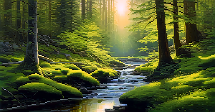 A peaceful forest scene at dawn with sunlight filtering through trees, a stream flowing, and colorful wildflowers.