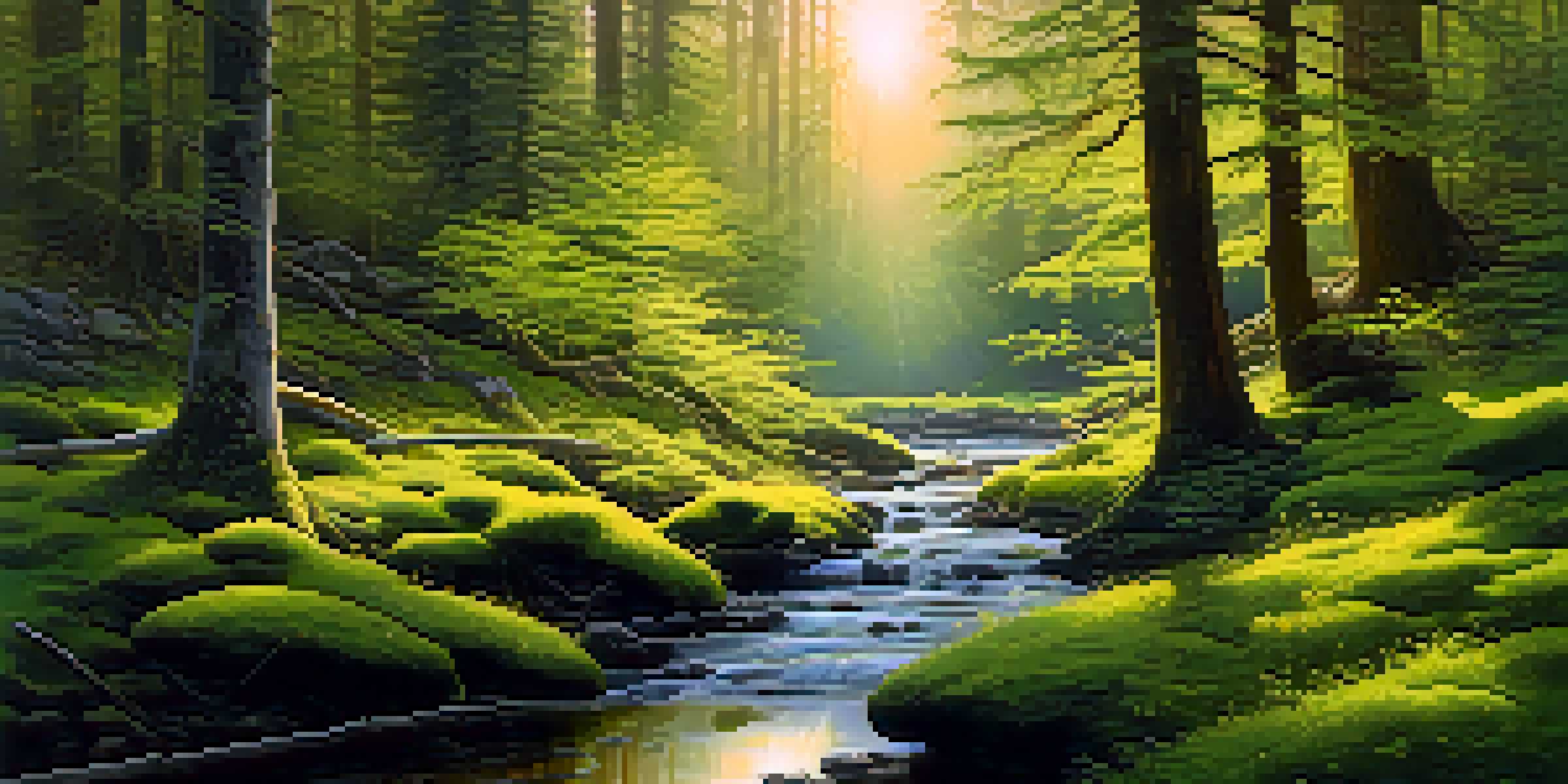 A peaceful forest scene at dawn with sunlight filtering through trees, a stream flowing, and colorful wildflowers.