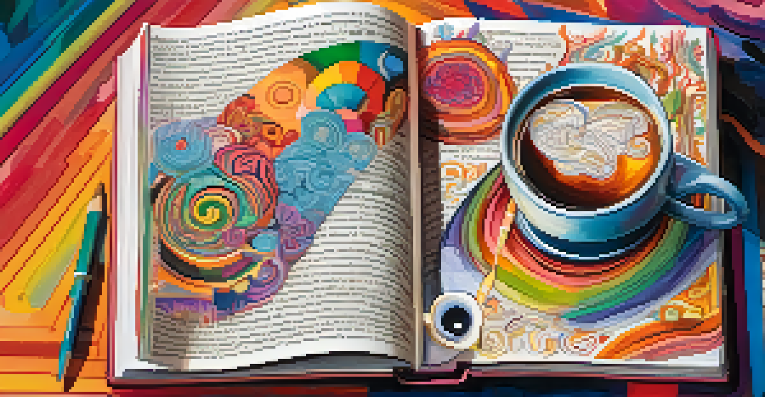 A close-up of an open book with colorful handwritten notes and sketches, along with a cup of tea.