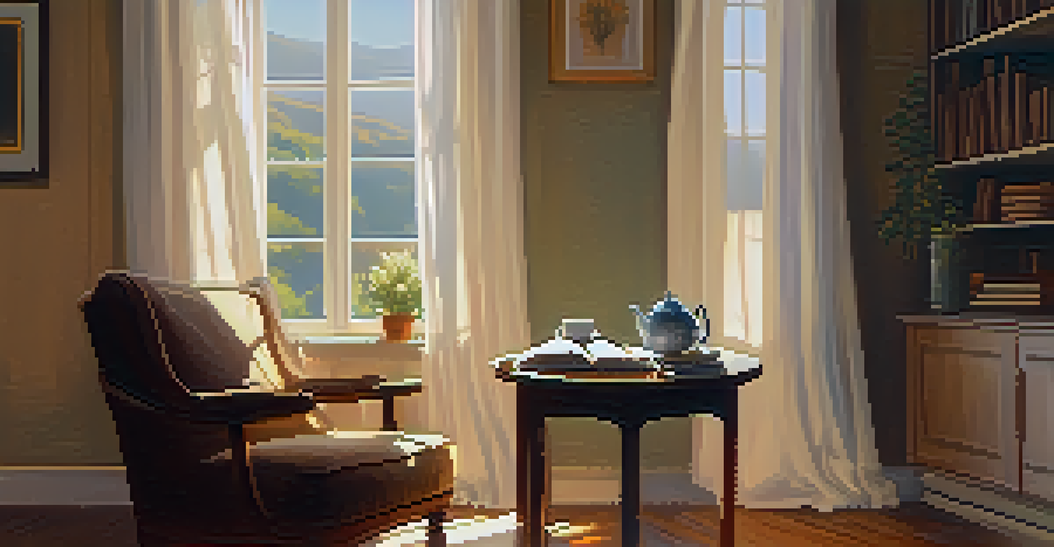 A warm, inviting room with an armchair, a window with sheer curtains, a journal, and a cup of tea, emphasizing a peaceful ambiance.