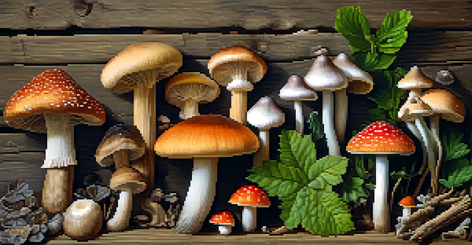 A close-up of various entheogenic plants and mushrooms arranged on a wooden table, showcasing their textures and colors in soft natural light.