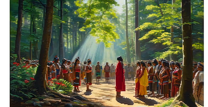 A peaceful forest scene with Indigenous people in traditional attire engaged in a ceremonial ritual under dappled sunlight.