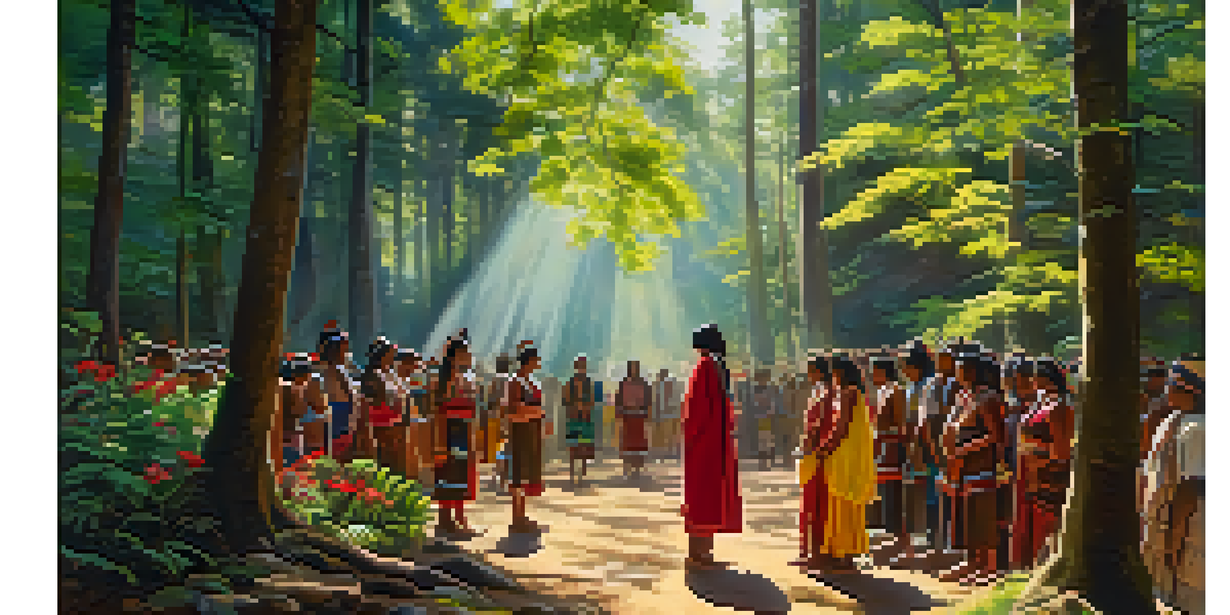 A peaceful forest scene with Indigenous people in traditional attire engaged in a ceremonial ritual under dappled sunlight.