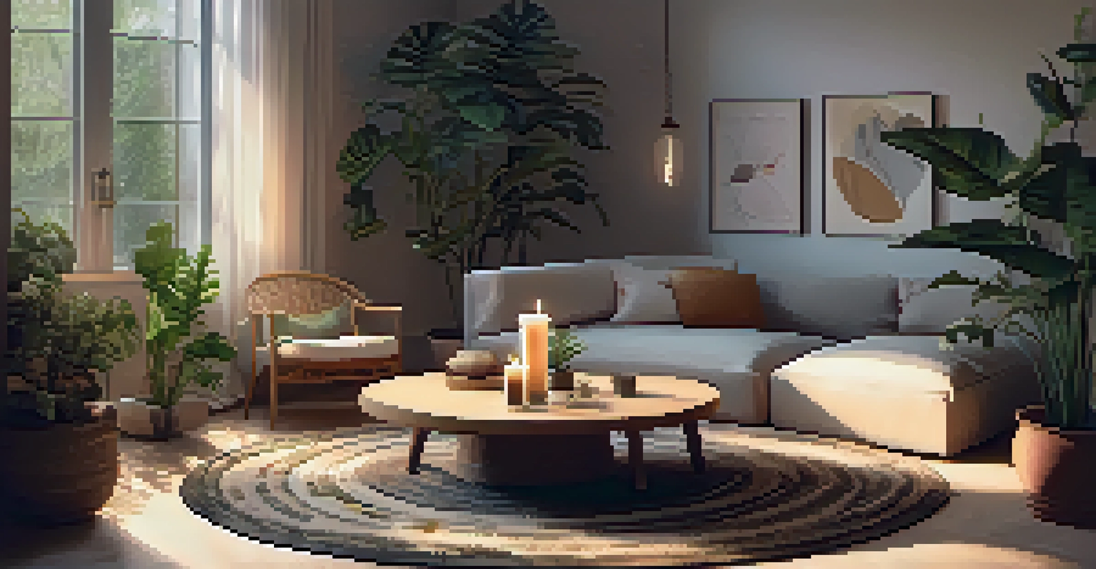A cozy indoor space with friends sitting on rugs, sharing an intimate moment, surrounded by plants and soft lighting.