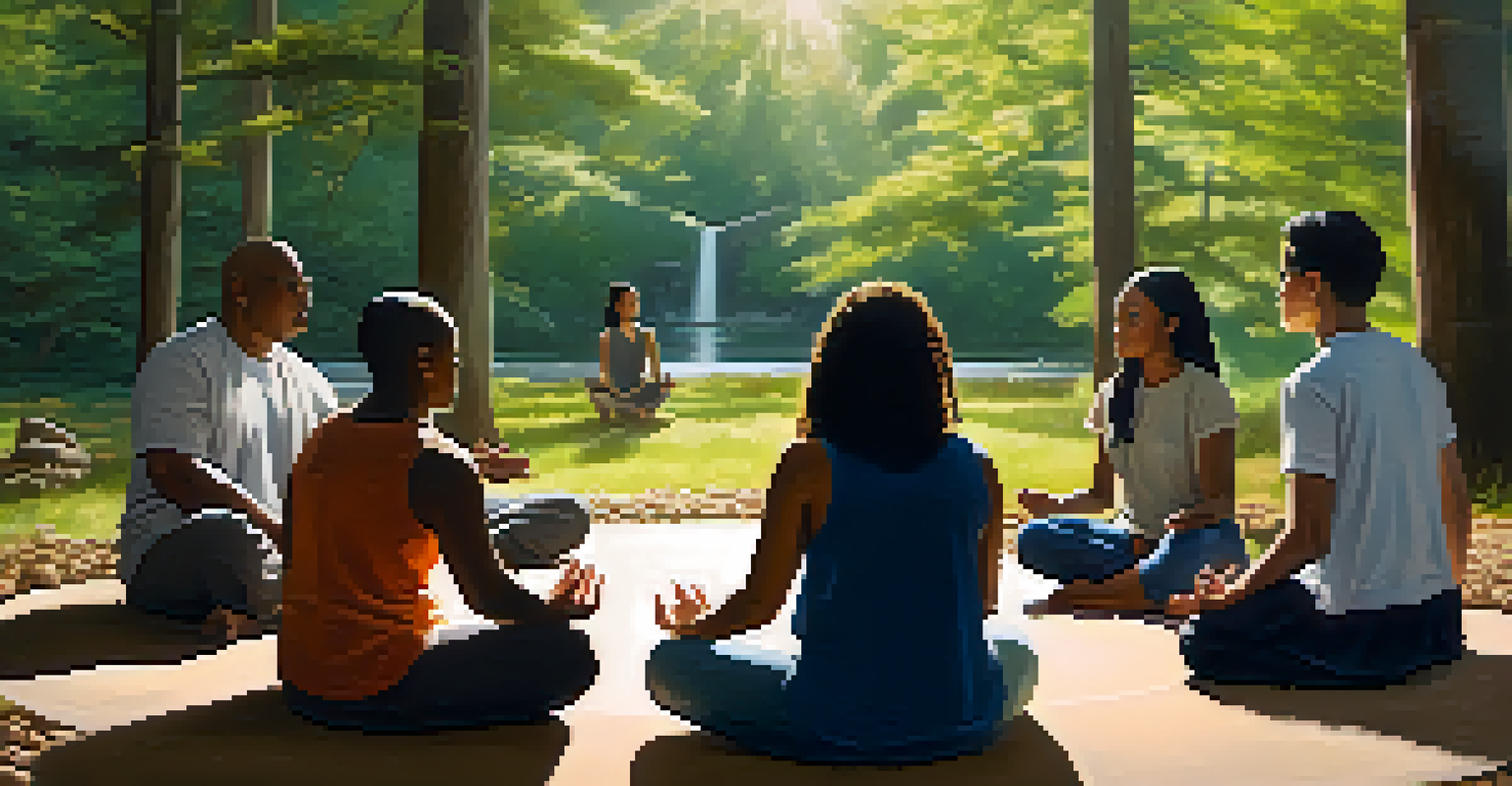 A diverse group of people meditating in nature, each holding a personal object, with sunlight shining through the trees.