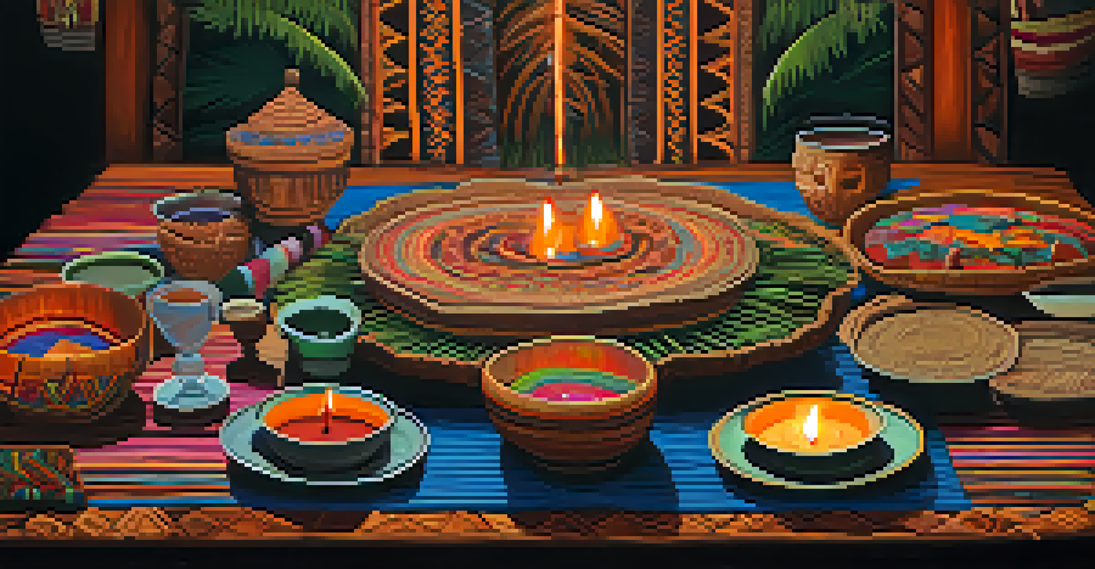 A beautifully decorated table for an ayahuasca ceremony, adorned with colorful textiles, ceremonial cups, and natural decorations, softly illuminated by candlelight.