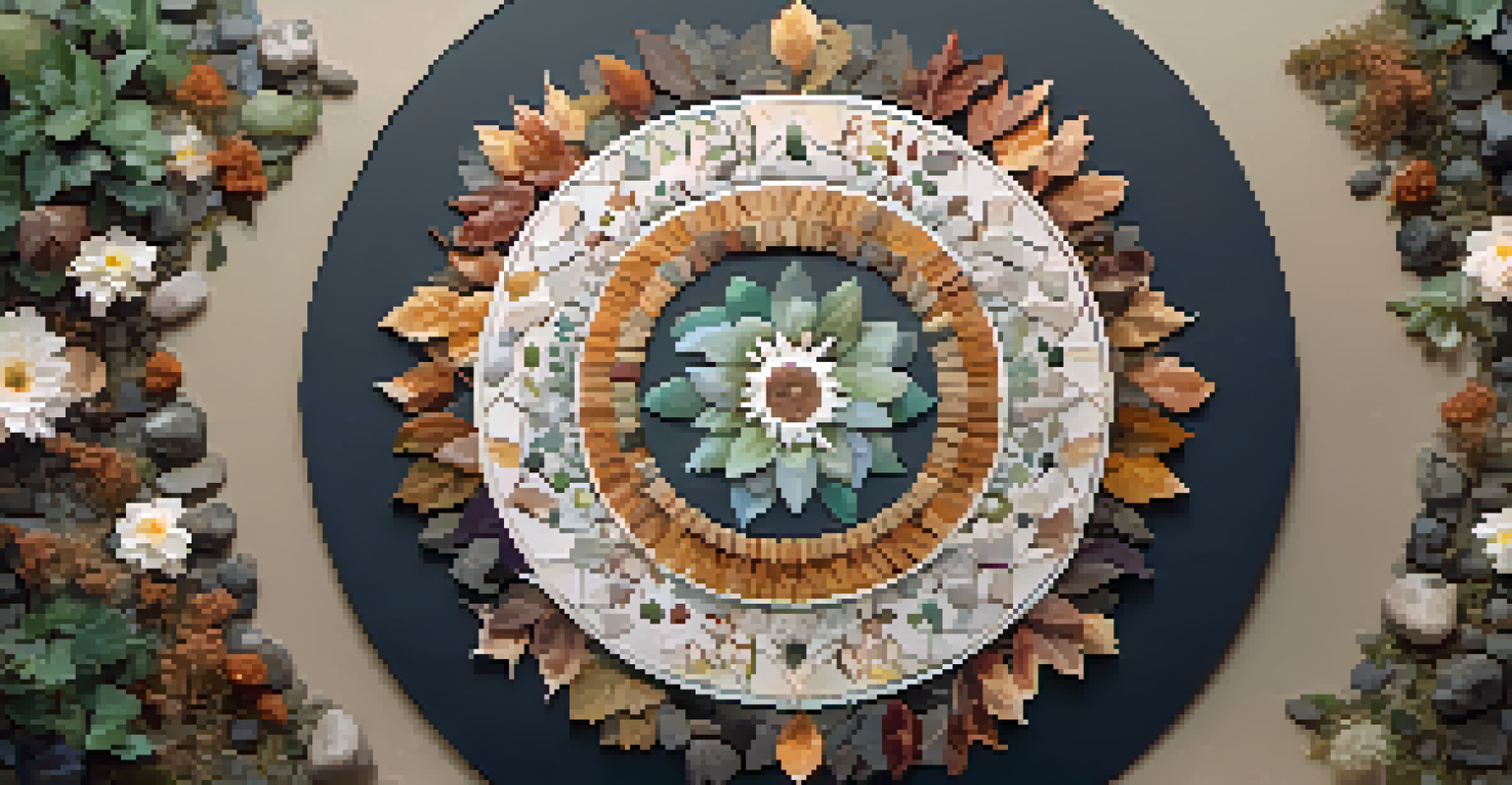 A colorful mandala made of natural elements representing cyclical time against a soft earth-toned background.