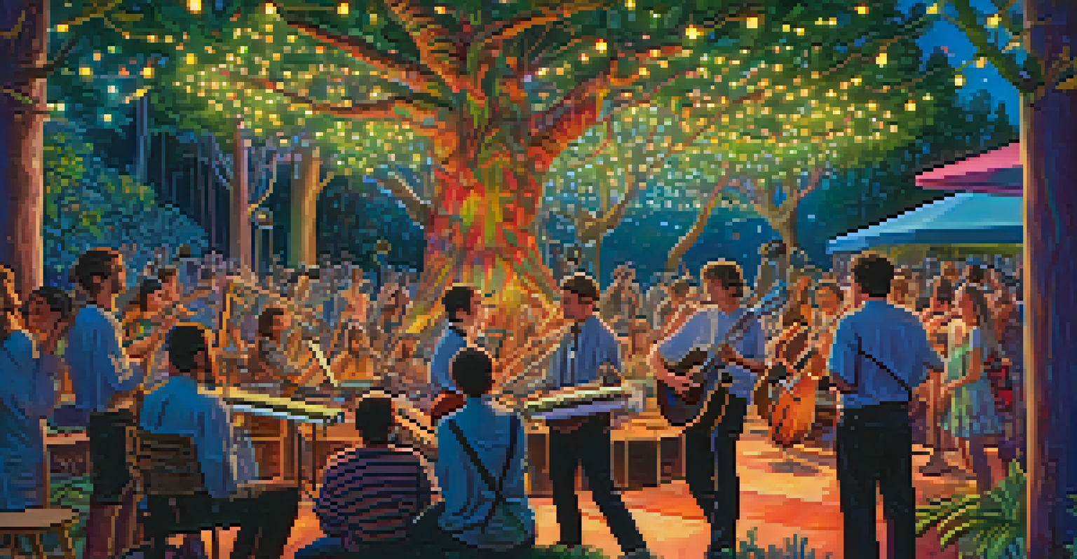Musicians performing in an outdoor setting with colorful lights and psychedelic patterns.