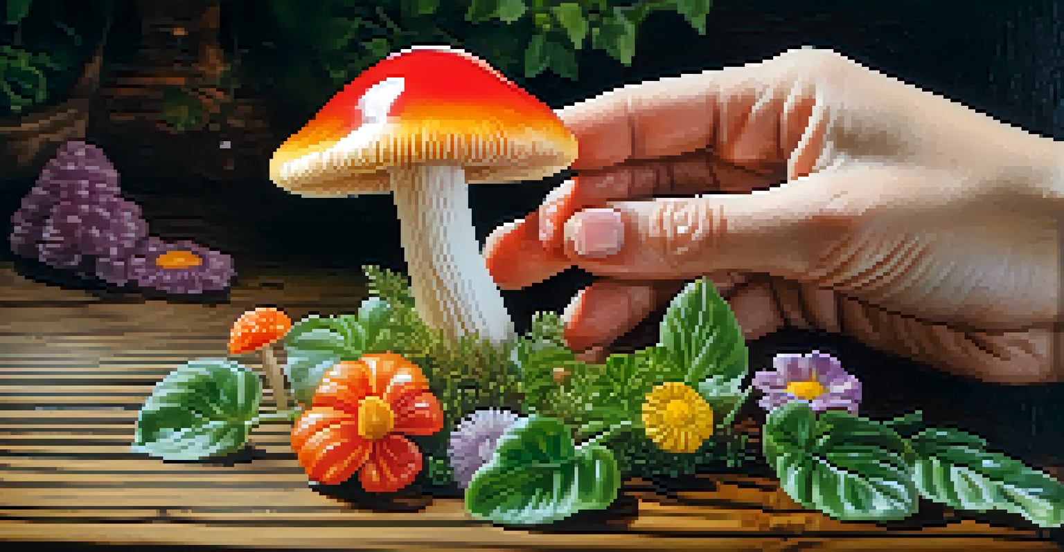 A close-up of a hand holding a colorful gummy shaped like a mushroom on a wooden table with herbs.