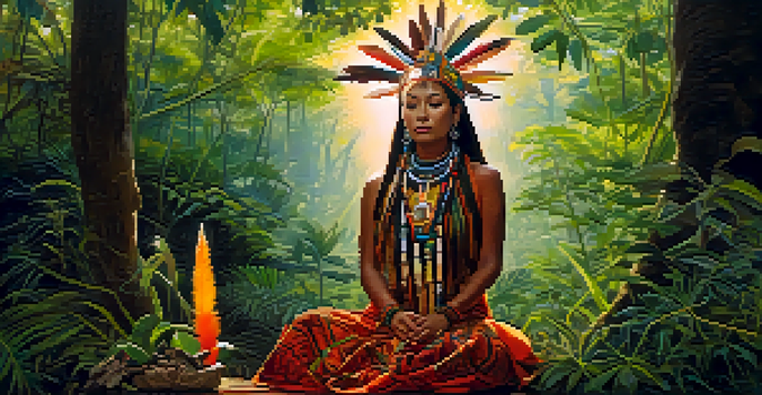 A female shaman in a colorful traditional outfit sits in a lush forest with sunlight filtering through the trees, surrounded by plants symbolic of entheogens.