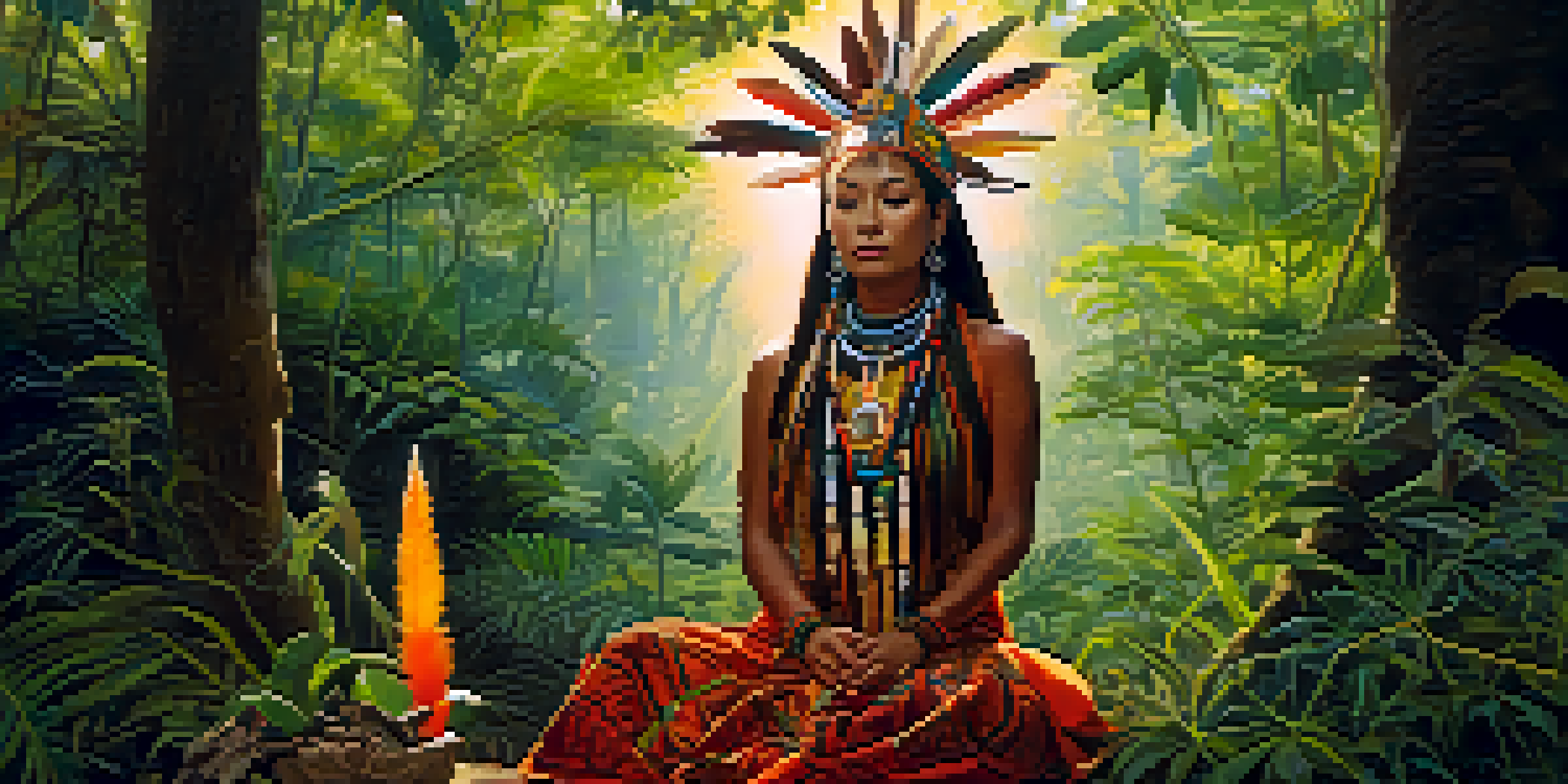 A female shaman in a colorful traditional outfit sits in a lush forest with sunlight filtering through the trees, surrounded by plants symbolic of entheogens.