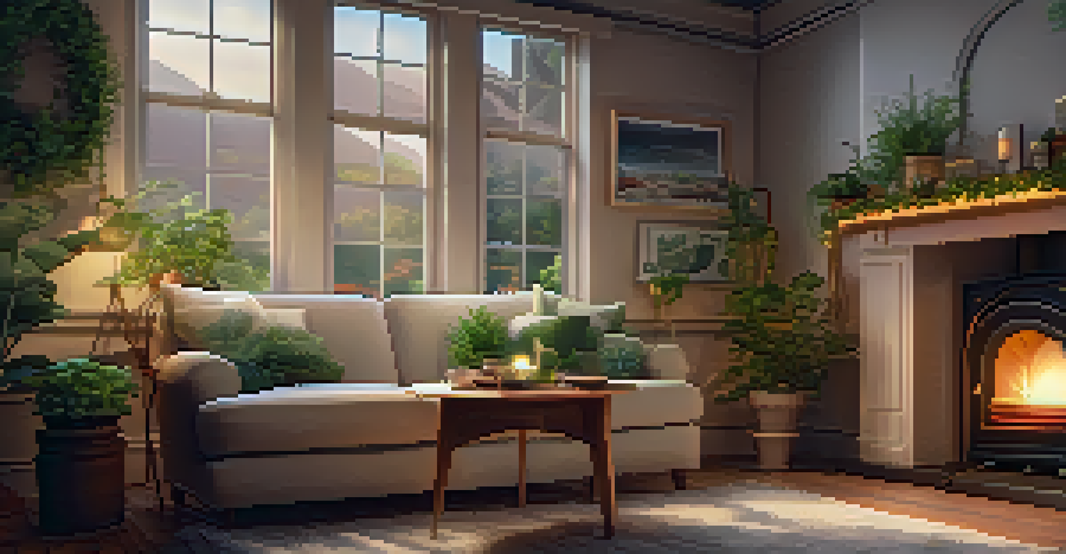 A warm indoor space with an armchair, a table with tea, and plants, illuminated by soft lights for reflection.