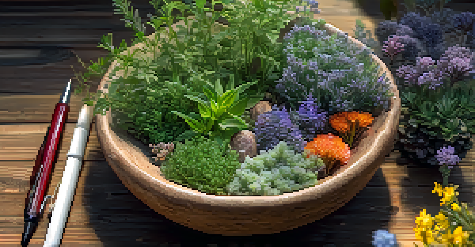 A ceramic bowl filled with colorful herbs on a wooden table, with an elder in the background writing in a journal.