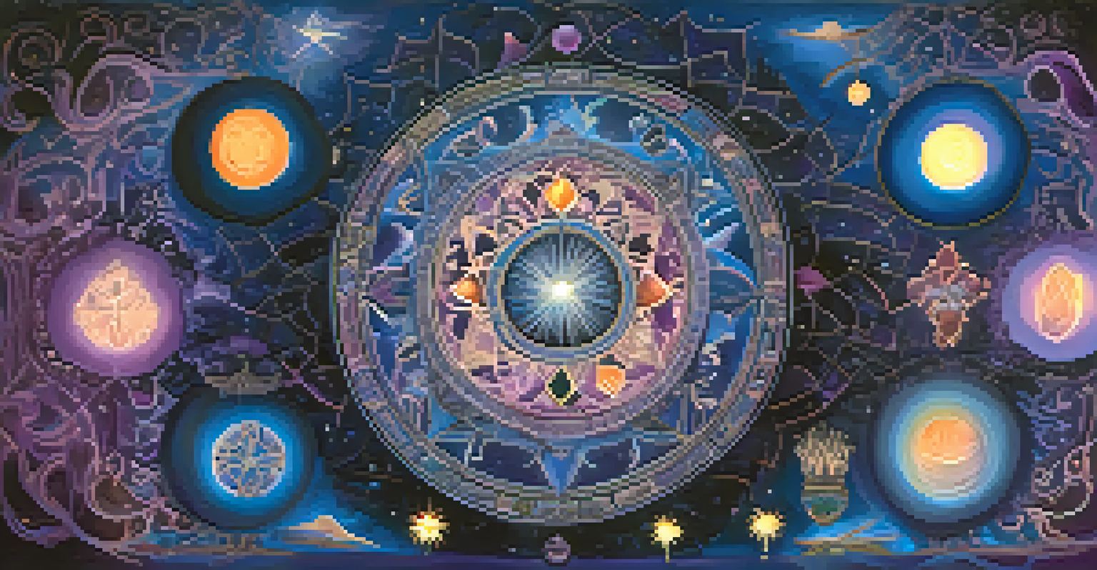 A collection of spiritual symbols like circles and fire patterns against a starry night sky background, with glowing orbs of light.