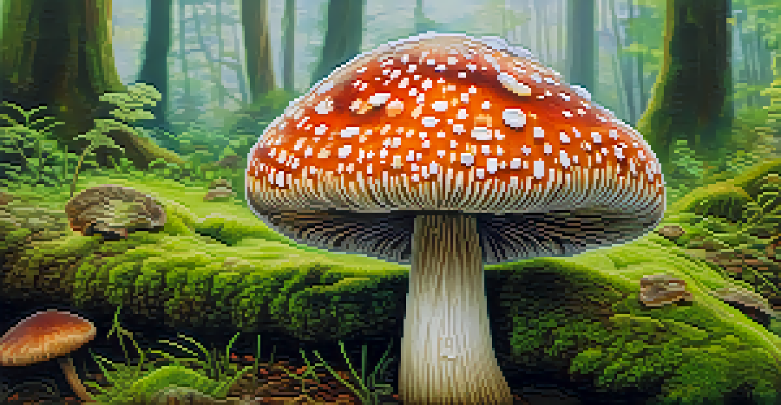 A close-up of a colorful psychedelic mushroom on moss, with a soft blurred forest background.